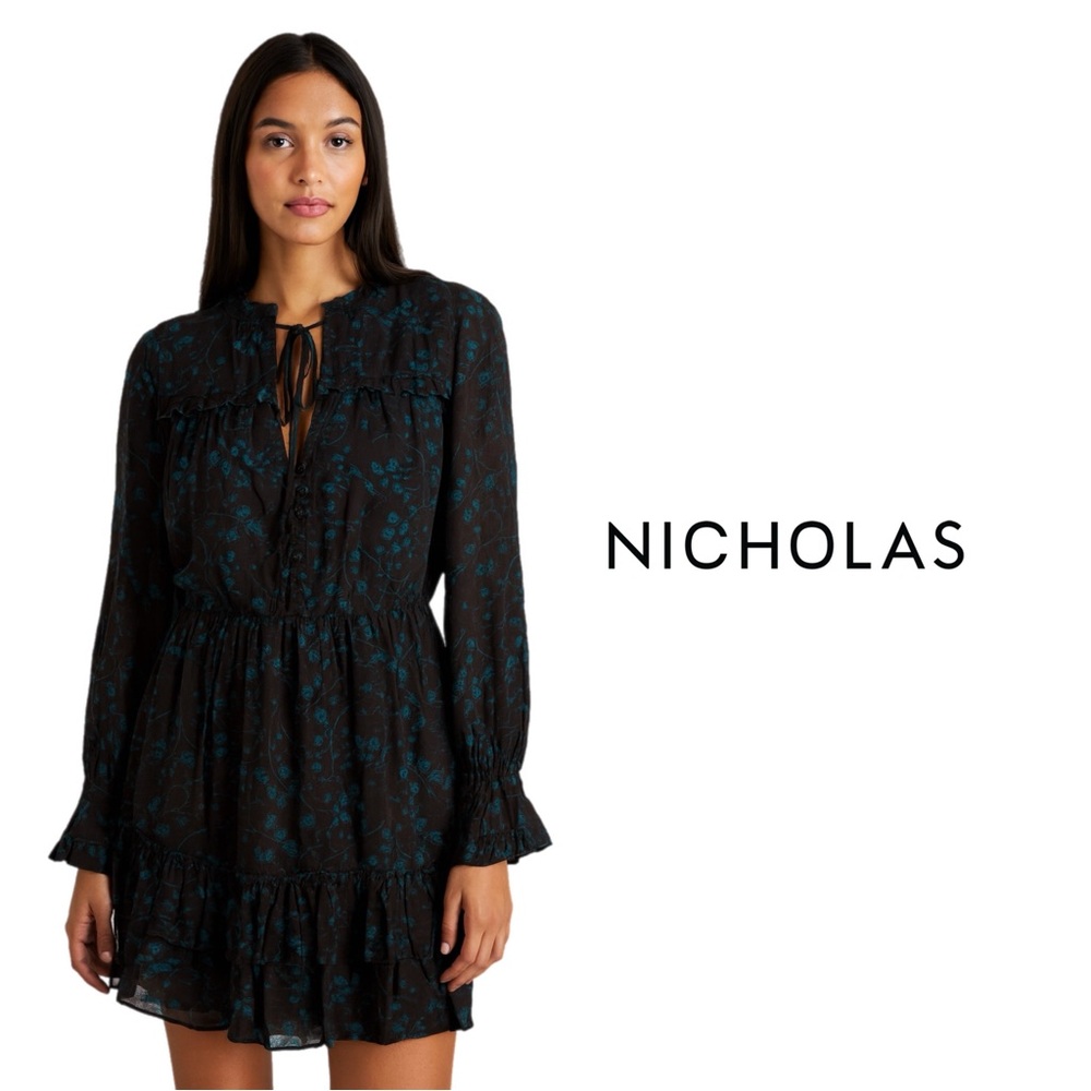 NEW NICHOLAS Winona Watercolor Peacock Long Sleeve Dress